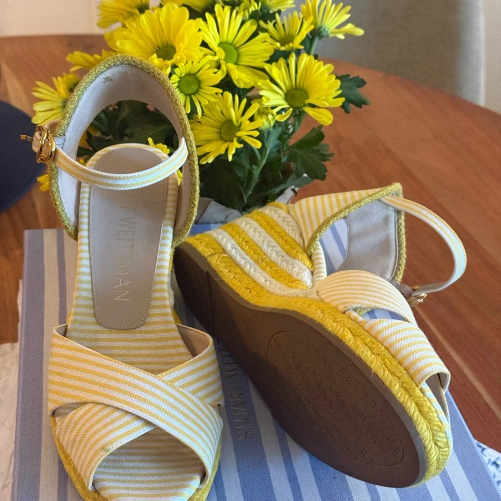 Stuart Weitzman Yellow and White Striped Wedge Espadrilles - Picture 2 of 7
